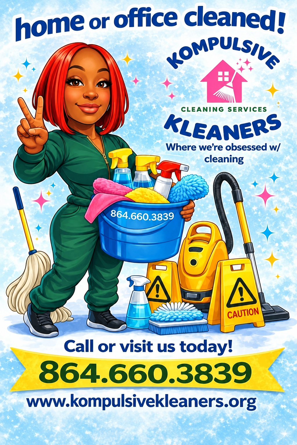 Kompulsive Kleaners promotional artwork: a cartoon cleaner in a green uniform holding up a peace sign beside a bucket of cleaning supplies, with the business name, phone number and website