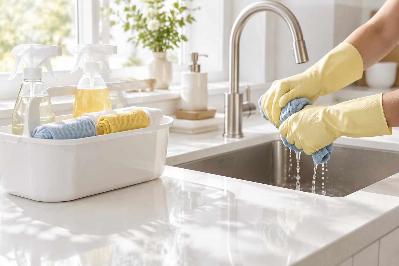 Gloved hands wringing out a microfiber cloth beside a caddy of cleaning supplies on a clean white counter