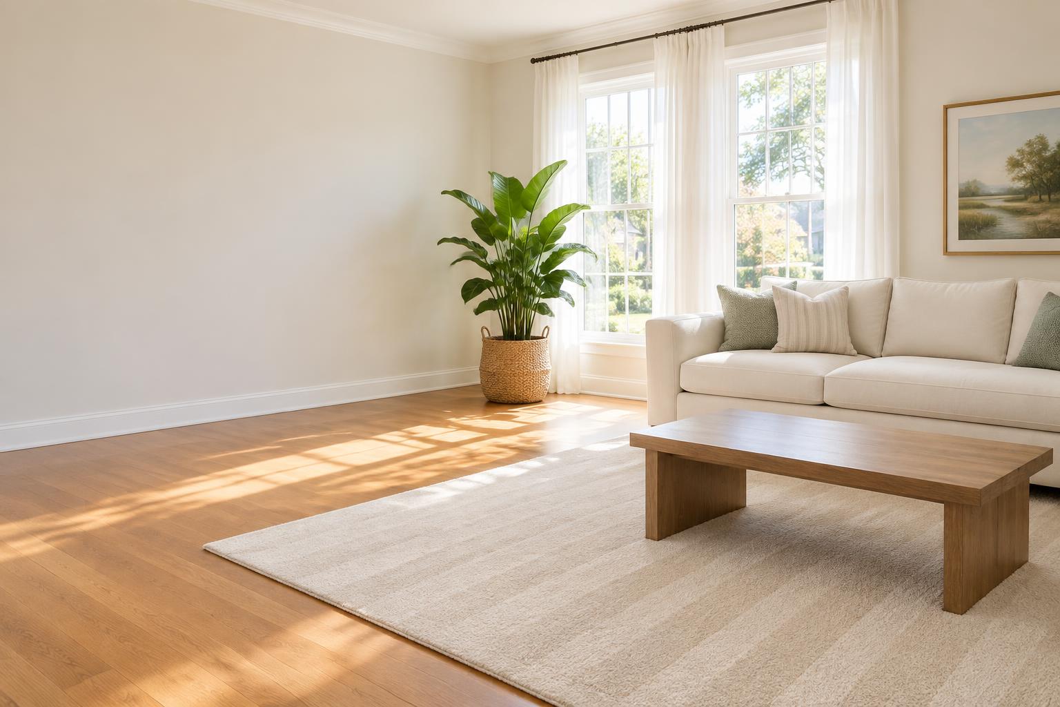 A sunlit living room in a Greenville home, freshly cleaned with vacuum lines on the rug and cushions straightened