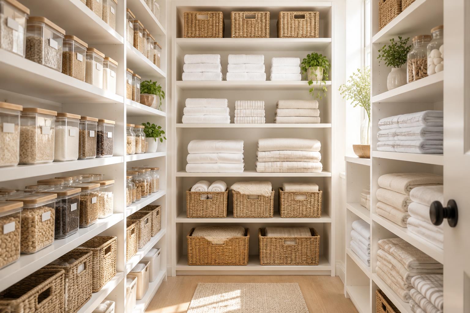 An immaculately organized pantry and linen closet with neatly folded towels and labeled bins